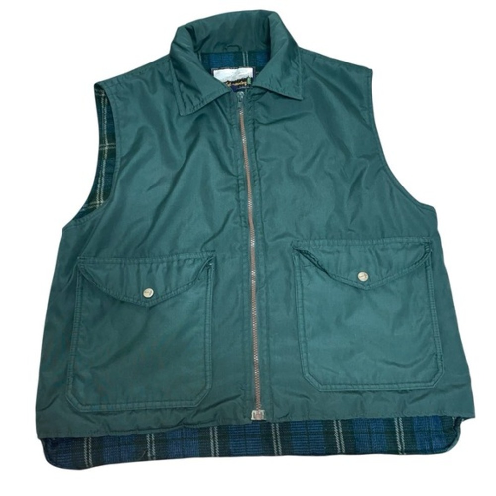 Fieldmaster Vest Mens Large Green Plaid Lined Snap Front Flannel